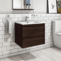 Grade A1 - 600mm Dark Wood Effect Wall Hung Vanity Unit with Basin - Boston