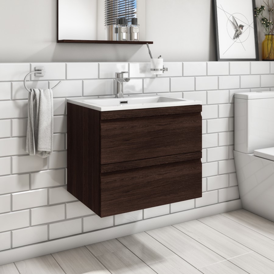Grade A1 - 600mm Dark Wood Effect Wall Hung Vanity Unit with Basin - Boston