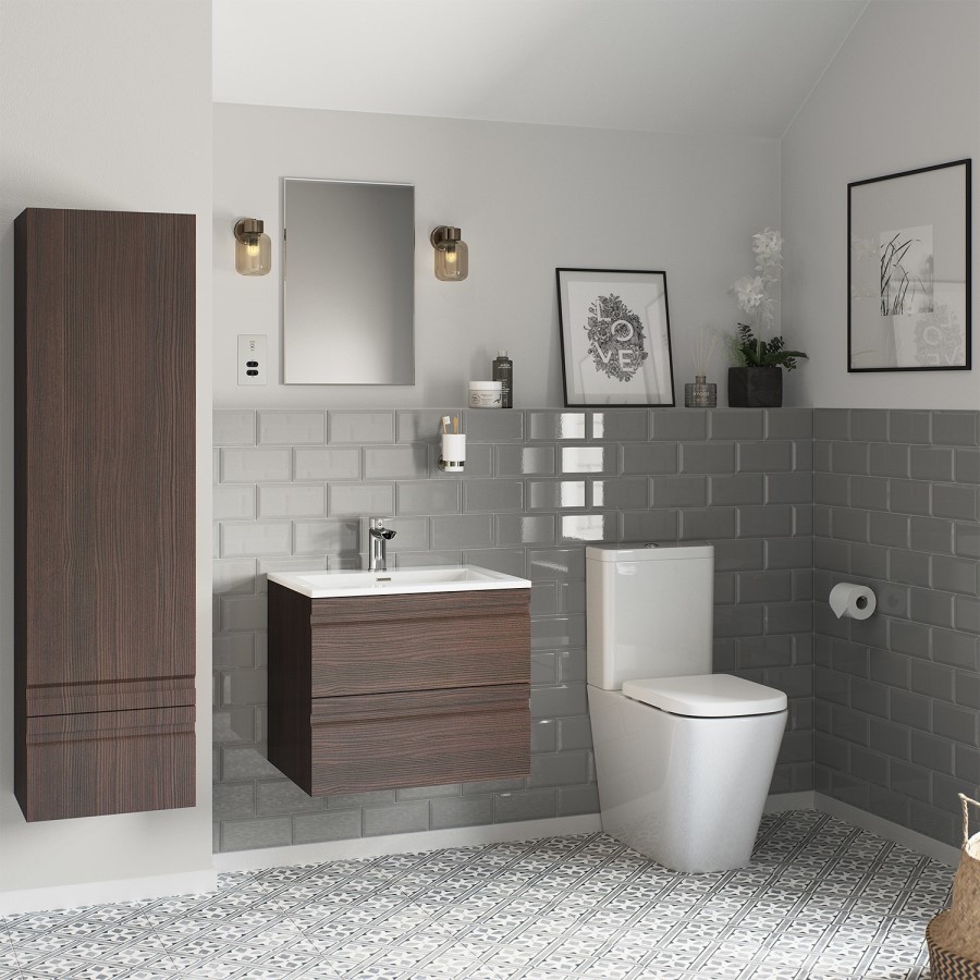 Grade A1 - 600mm Dark Wood Effect Wall Hung Vanity Unit with Basin - Boston
