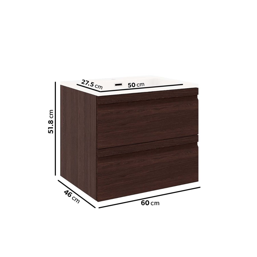 Grade A1 - 600mm Dark Wood Effect Wall Hung Vanity Unit with Basin - Boston