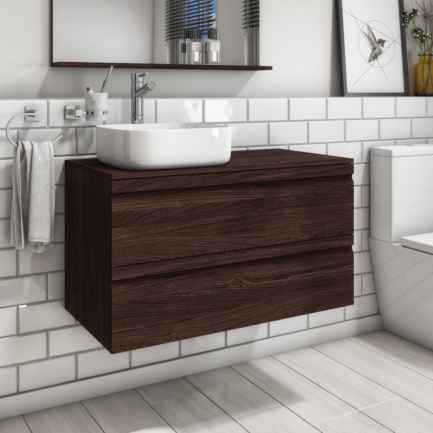 900mm Dark Oak Wall Hung Countertop, Wooden Vanity Unit With Countertop Sink