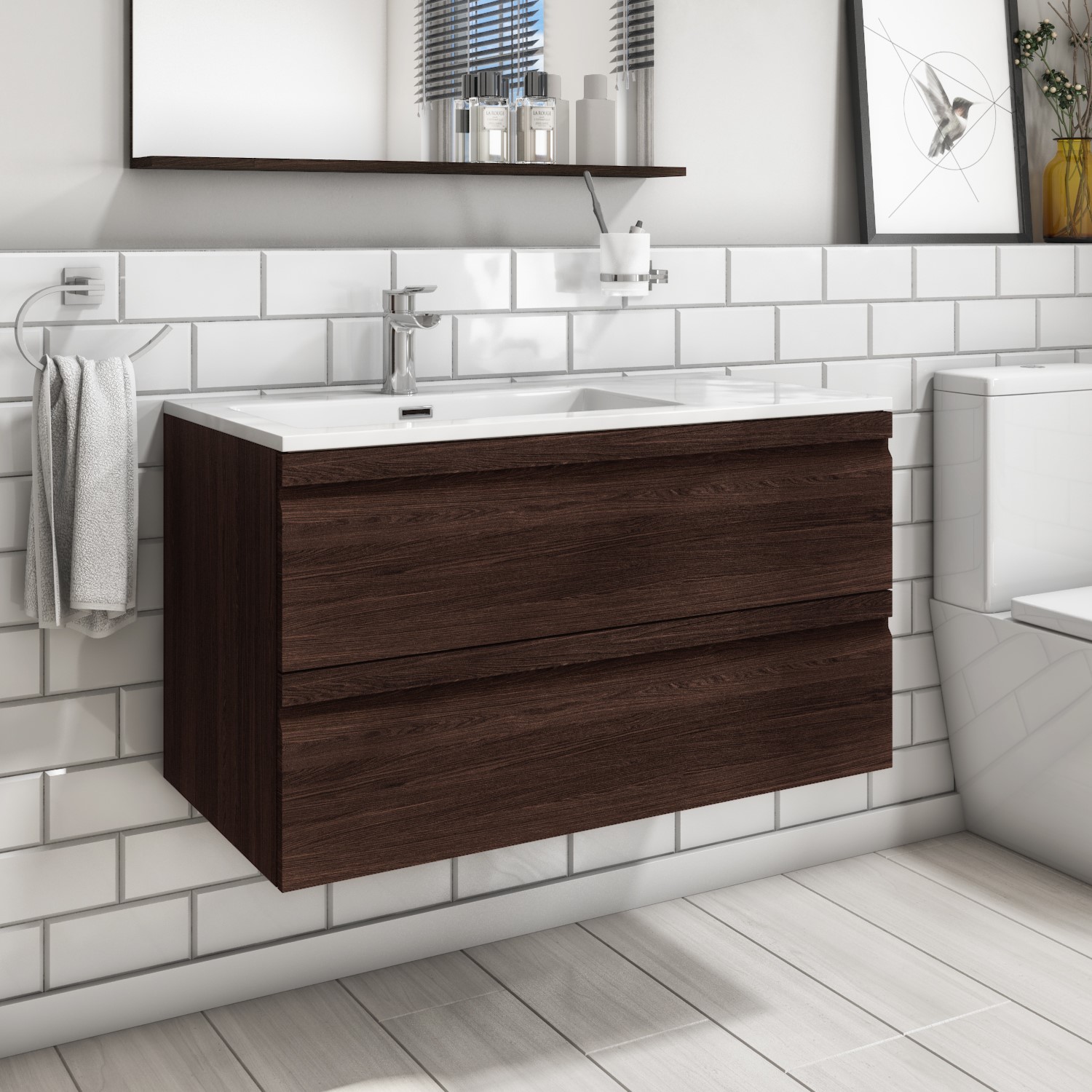 900mm Wall Hung 2 Drawer Vanity Unit With Basin Dark Oak Boston Better Bathrooms 900mm Wall Hung 2 Drawer Vanity Unit With Basin Dark Oak Boston Better Bathrooms
