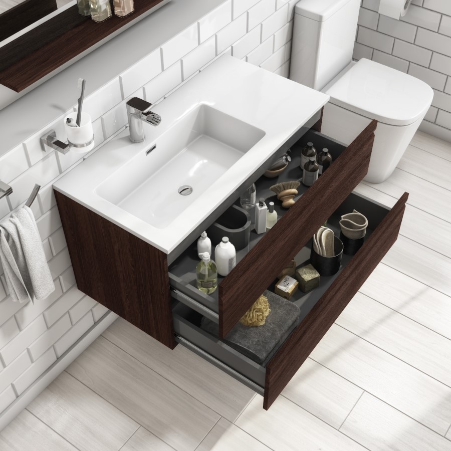 900mm Dark Wood Effect Wall Hung Vanity Unit with Basin - Boston