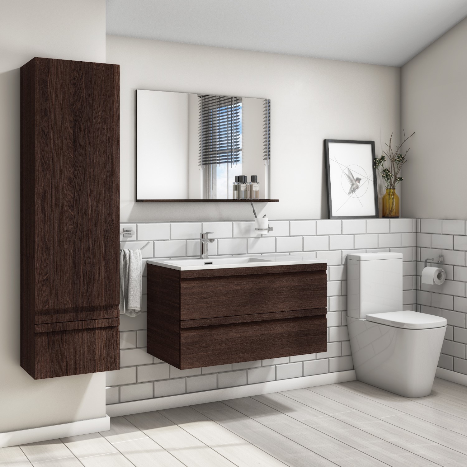 900mm Dark Wood Effect Wall Hung Vanity Unit with Basin - Boston ...