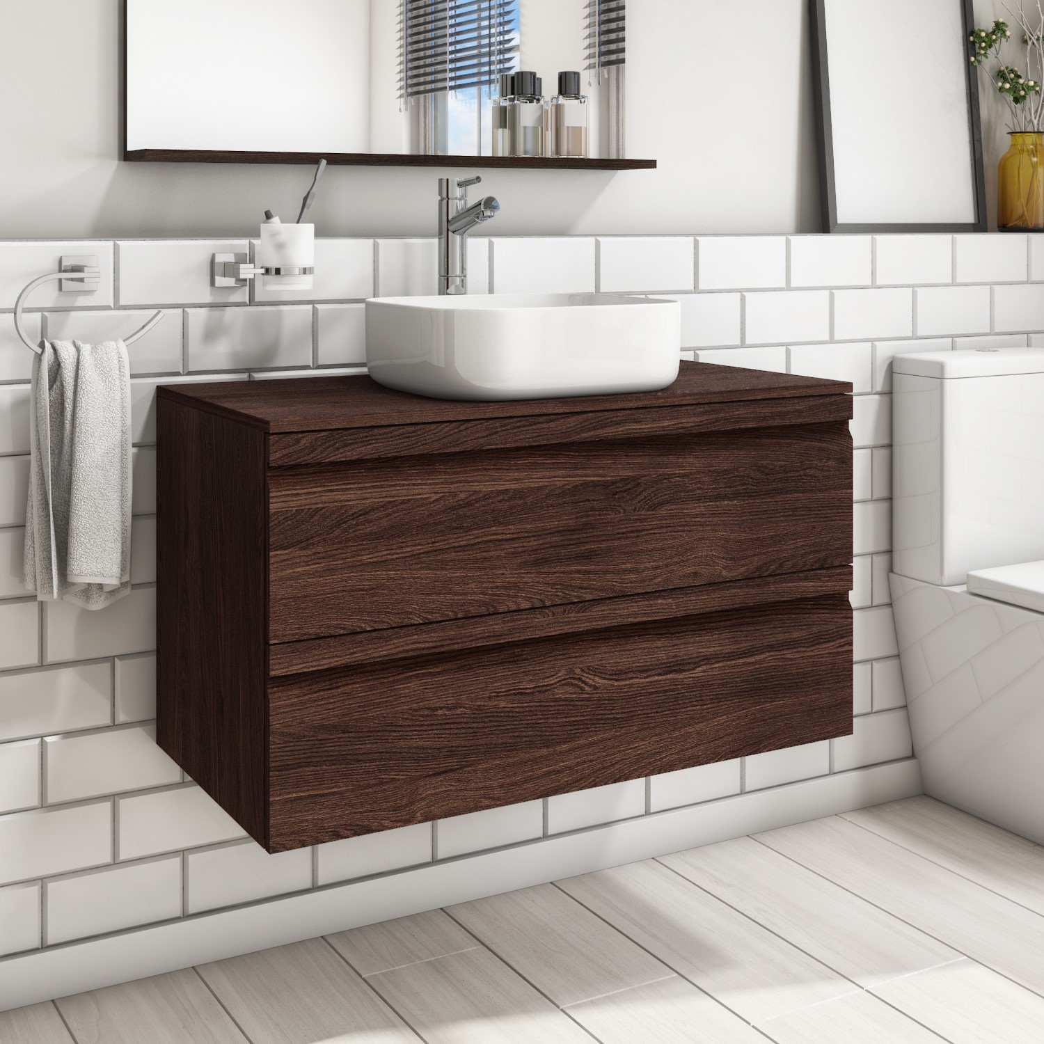 900mm Wall Hung 2 Drawer Vanity Unit Dark Oak Boston Better 900mm Wall Hung 2 Drawer Vanity Unit Dark Oak Boston Better