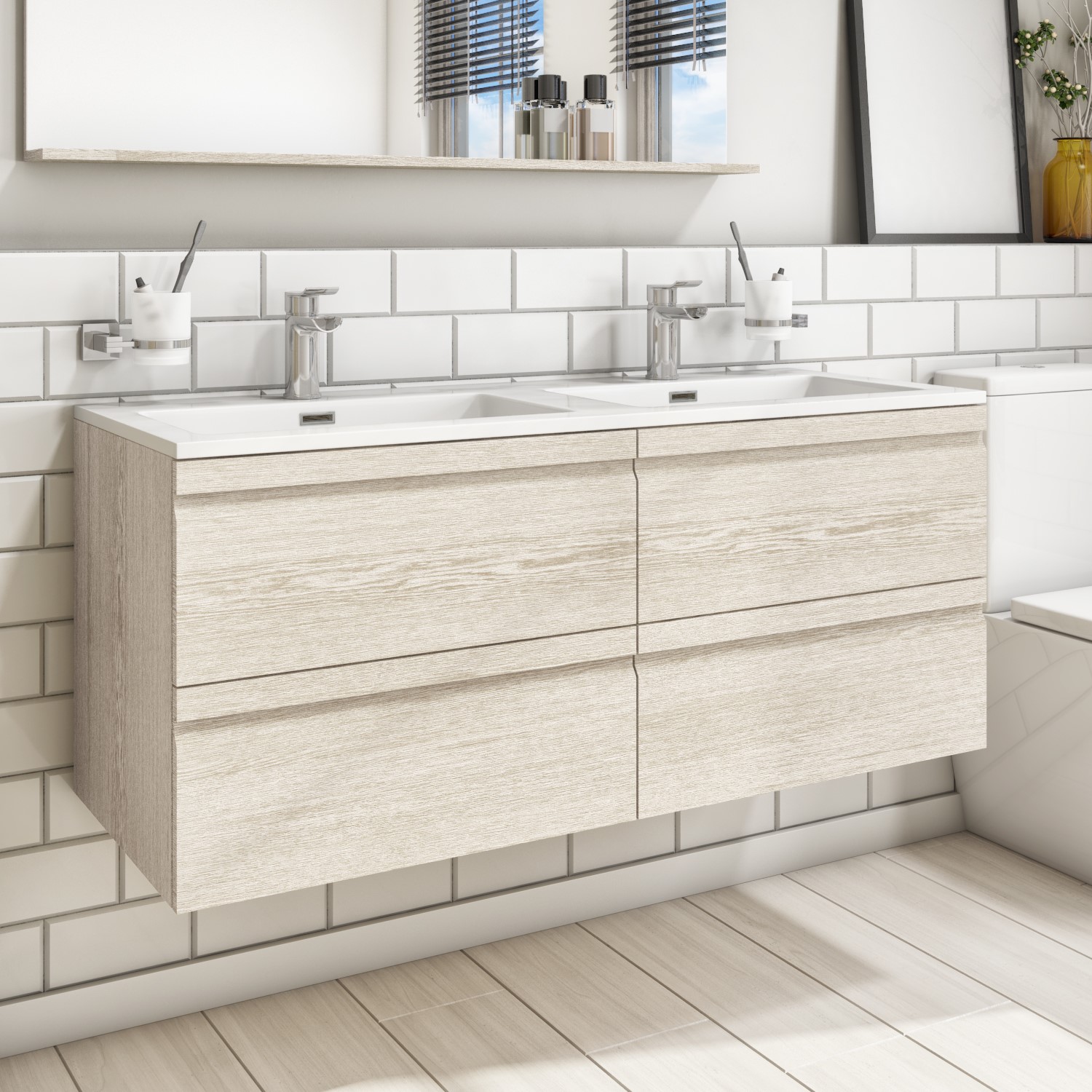 1200mm Light Wood Effect Wall Hung, Double Sink Floating Vanity Unit