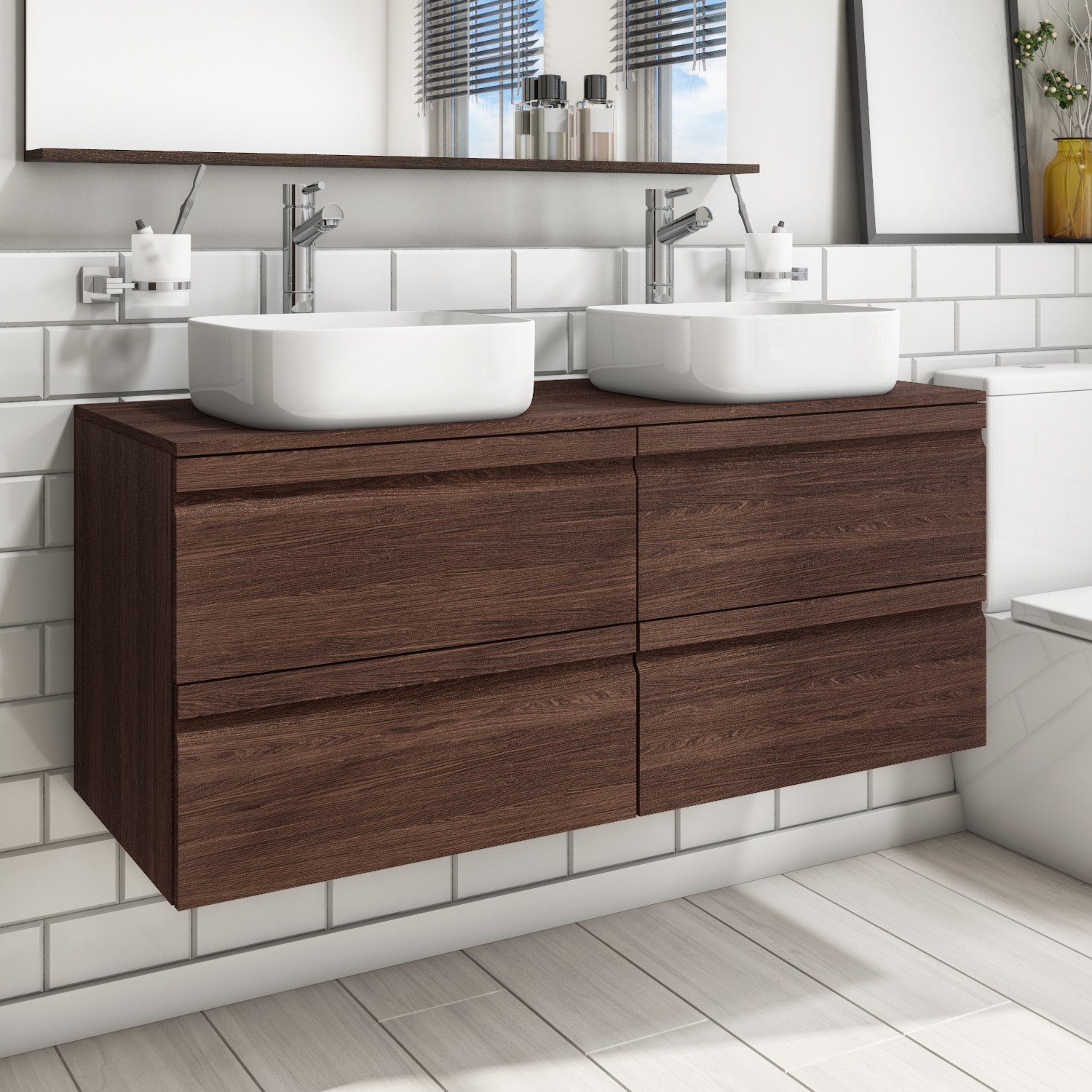 1200mm Wall Hung 4 Drawer Vanity Unit With 2 Dover 385mm Basins Dark Oak Boston Range Better Bathrooms 1200mm Wall Hung 4 Drawer Vanity Unit With 2 Dover 385mm Basins Dark Oak Boston Range Better Bathrooms
