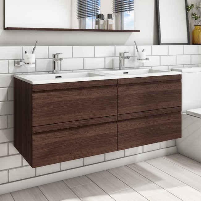 1200mm Dark Wood Effect Wall Hung Double Vanity Unit with Basin ...