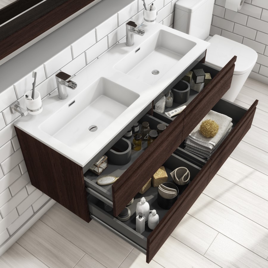 1200mm Dark Wood Effect Wall Hung Double Vanity Unit with Basin - Boston