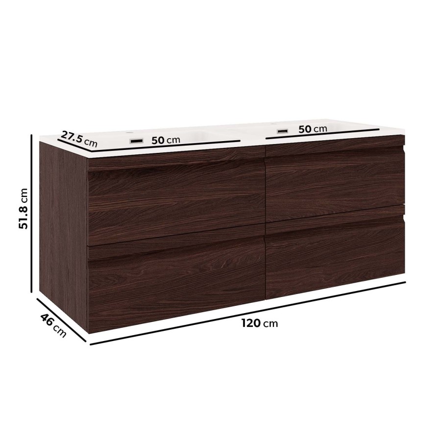 1200mm Dark Wood Effect Wall Hung Double Vanity Unit with Basin - Boston