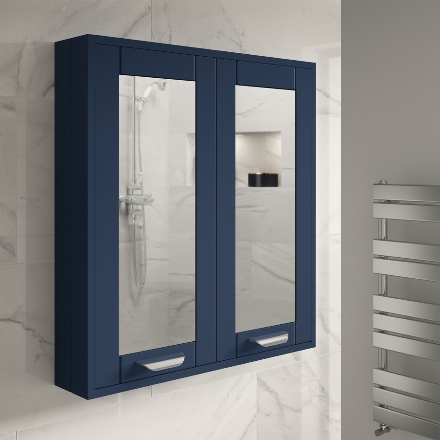 600mm Wall Hung Mirrored Cabinet - Indigo Blue Unit Modern Handles - Nottingham Range