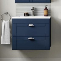 600mm Wall Hung Vanity Basin Unit - Indigo Blue Double Drawer Traditional Handle - Nottingham Range