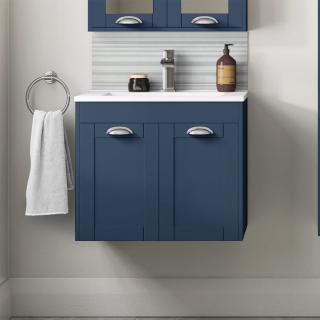 600mm Wall Hung Vanity Basin Unit - Indigo Blue Double Door Traditional Handle - Nottingham Range