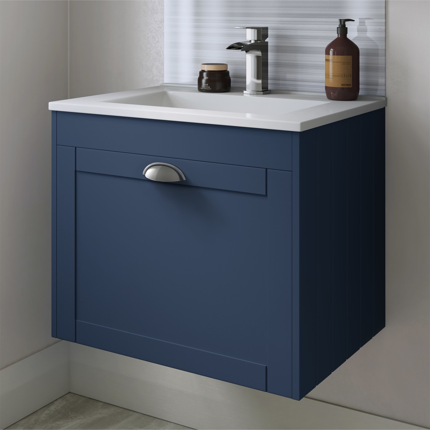 600mm Wall Hung Basin Vanity Unit Indigo Blue Single Drawer 600mm Wall Hung Basin Vanity Unit Indigo Blue Single Drawer