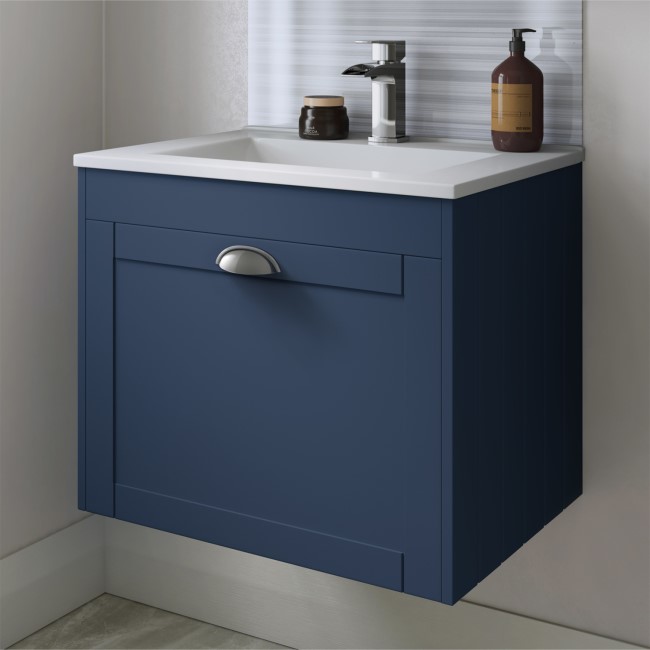 600mm Wall Hung Basin Vanity Unit - Indigo Blue Single Drawer Traditional Handle - Nottingham Range