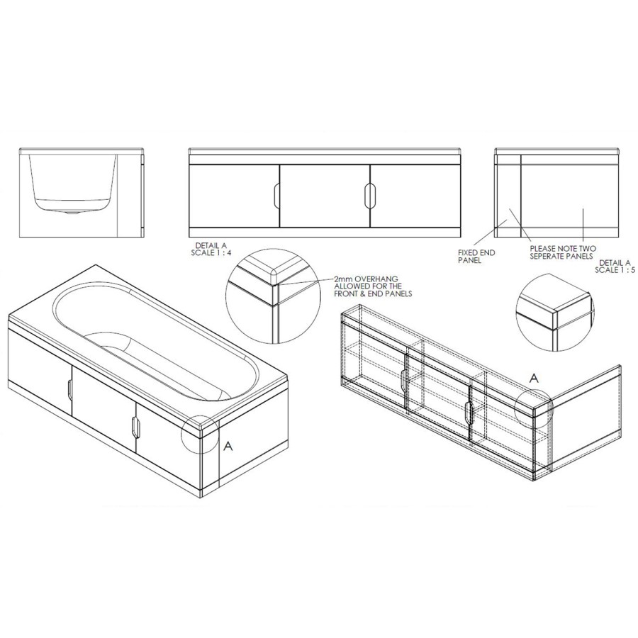New Haven Left Hand Straight Bath with Storage and Curved Bath Screen - 1700 x 765mm