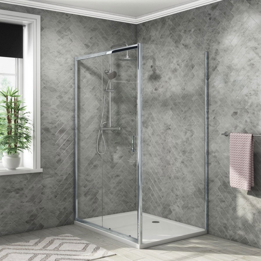 Sliding Door Enclosure 1200mm with Tray & Waste Rina Riser Rail Kit & Thermostatic Valve - Vega Range