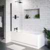 Single Ended Shower Bath with Front Panel &amp; Black Bath Screen with Towel Rail 1500 x 700mm - Alton
