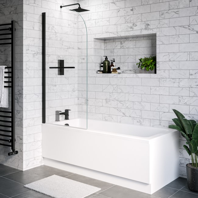 Single Ended Shower Bath with Front Panel & Black Bath Screen with Towel Rail 1500 x 700mm - Alton