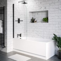 Single Ended Shower Bath with Front Panel & Black Bath Screen with Towel Rail 1600 x 700mm - Alton Single Ended Shower Bath with Front Panel & Black Bath Screen with Towel Rail 1600 x 700mm - Alton