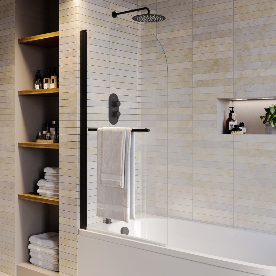 Single Ended Shower Bath with Front Panel & Black Bath Screen with Towel Rail 1600 x 700mm - Alton