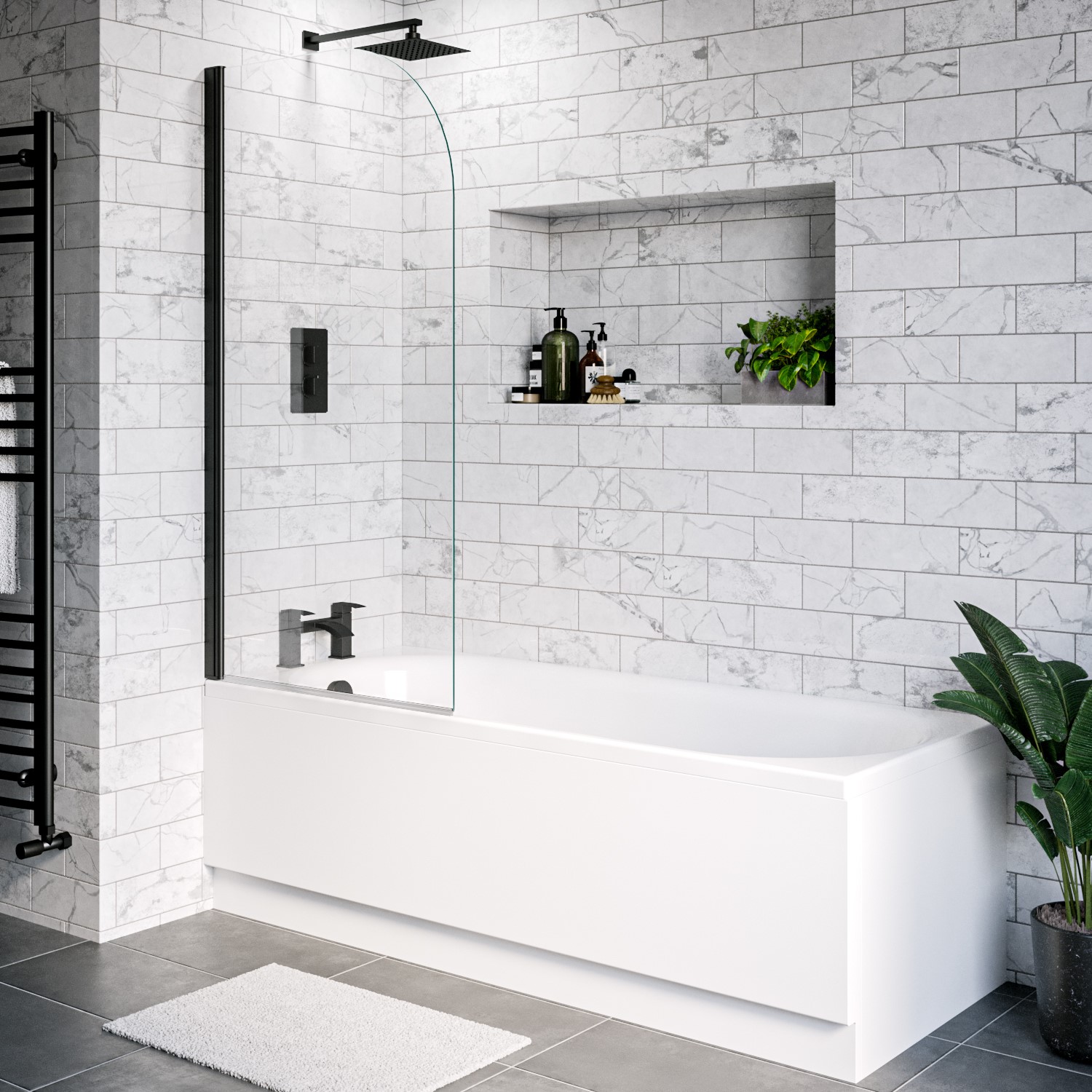 Alton White Single Ended Shower Bath With Front Panel And Hinged Black Bath Screen 1600 X 700Mm