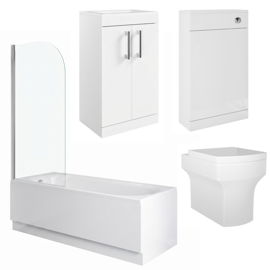 1700mm Straight Shower Bath Suite with Front Panel & White Toilet and Sink Unit - Alton
