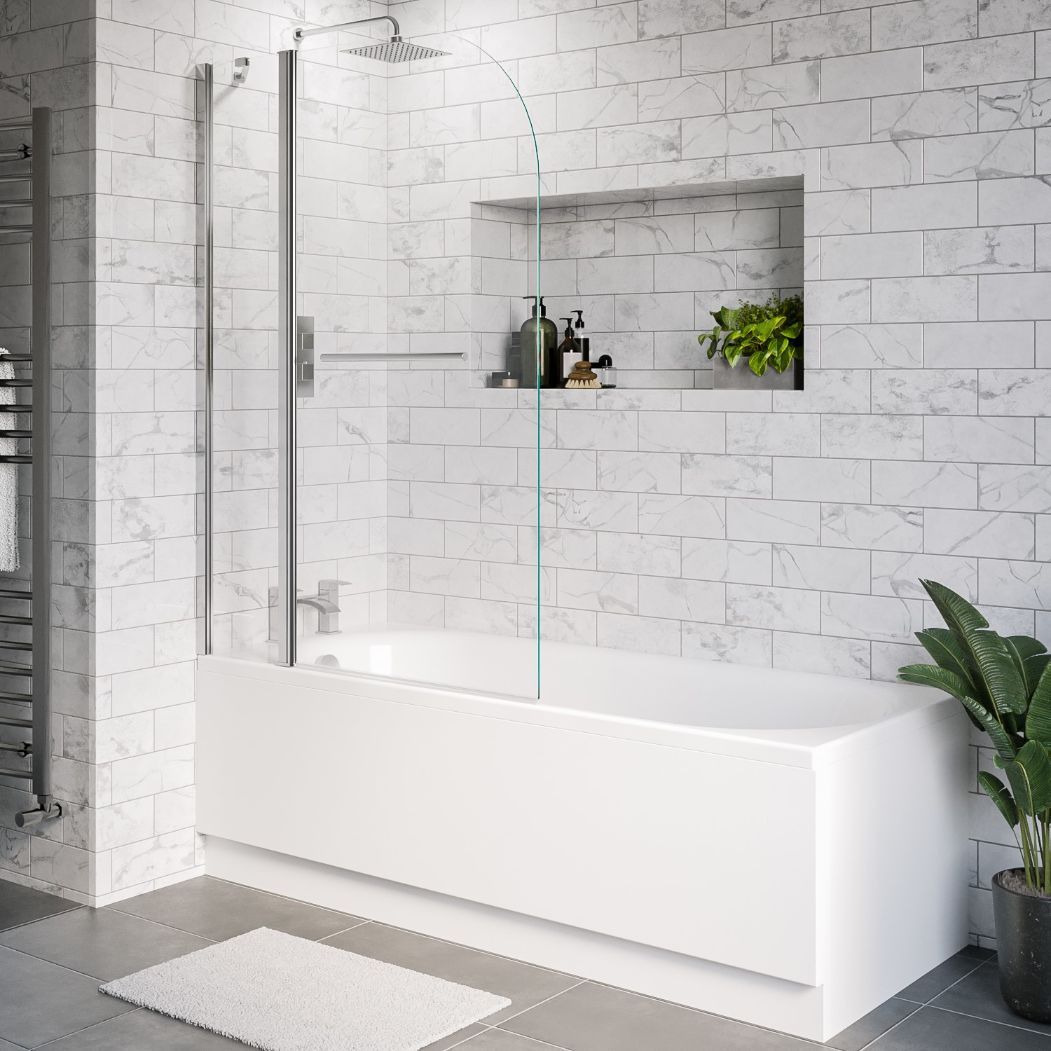 Alton White Single Ended Shower Bath With Front Panel & Hinged Chrome Bath Screen With Towel Rail 1700 X 700Mm