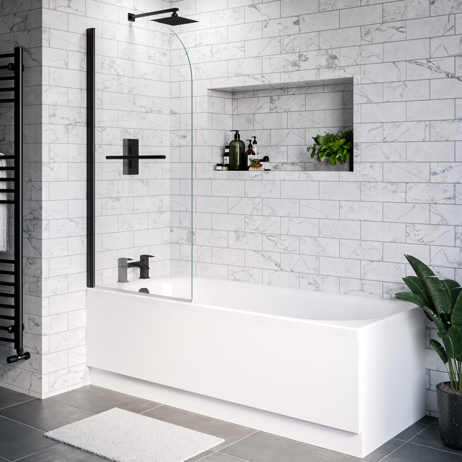 Alton White Single Ended Shower Bath With Front Panel & Black Bath Screen With Towel Rail 1700 X 700Mm