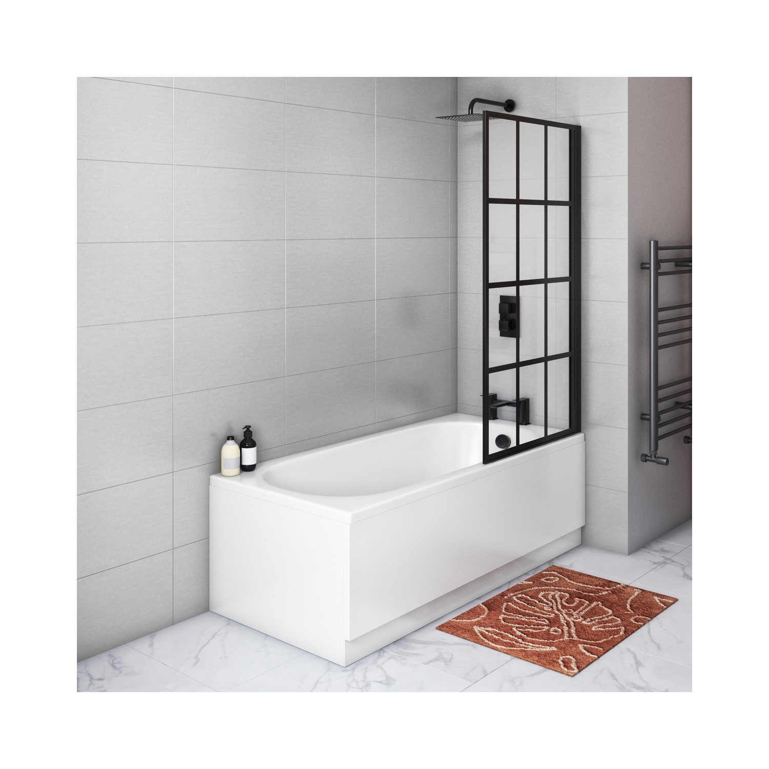 Alton White Single Ended Shower Bath With Front Panel & Right Hand Black Grid Bath Screen 1700 X 700Mm