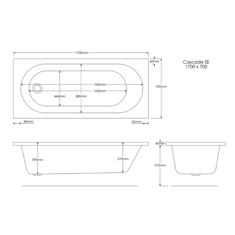 Single Ended Shower Bath with Front Panel and Hinged Black Bath Screen 1700 x 700mm - Alton