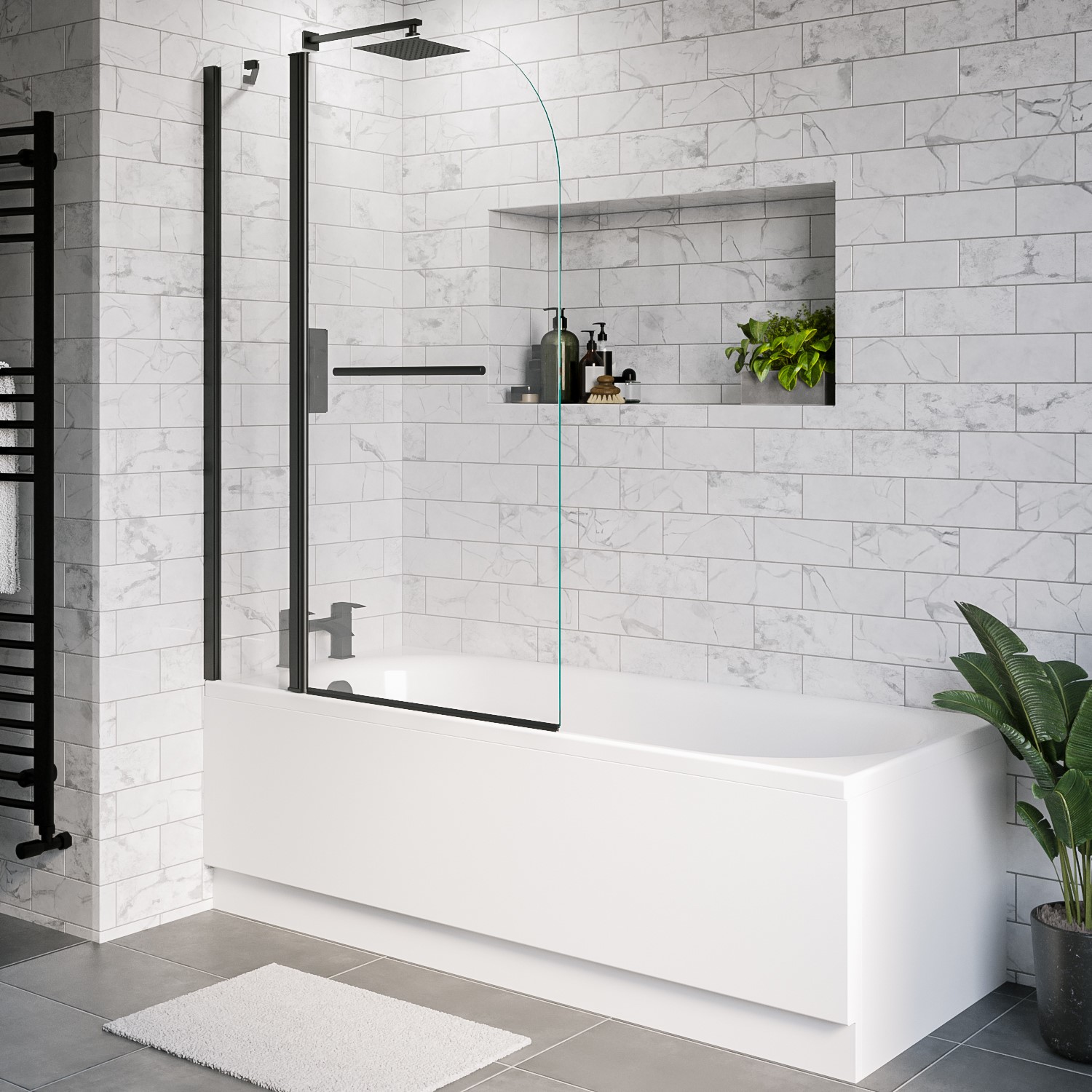 Alton White Single Ended Shower Bath With Front Panel & Hinged Black Bath Screen With Towel Rail 1700 X 700Mm