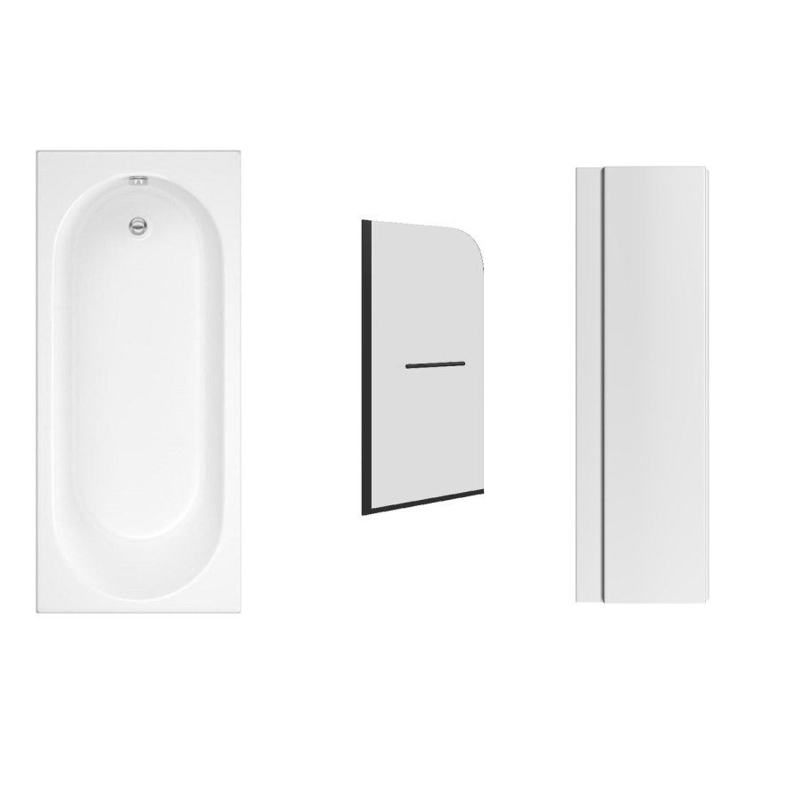 1700 x 750 Alton Single Ended Round Bath with Taurus Hinged 1450mm 6mm Matt Black Bath Screen with Towel Rail and Front Panel