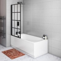 Single Ended Shower Bath with Front Panel & Left Hand Black Grid Bath Screen 1700 x 750mm - Alton