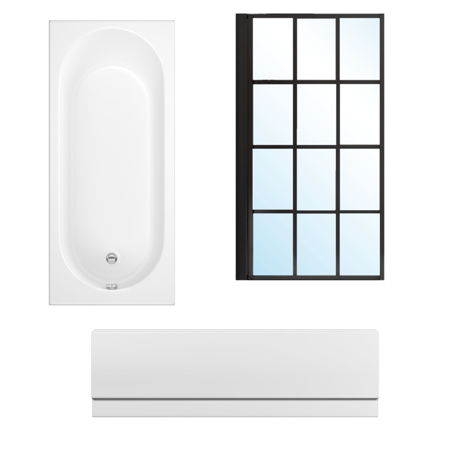 Single Ended Shower Bath with Front Panel & Left Hand Black Grid Bath Screen 1700 x 750mm - Alton