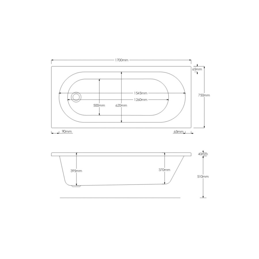 Single Ended Shower Bath with Front Panel & Left Hand Black Grid Bath Screen 1700 x 750mm - Alton
