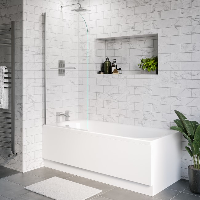 Single Ended Shower Bath with Front Panel & Hinged Chrome Bath Screen with Towel Rail 1800 x 800mm - Alton