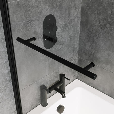 1500 x 700 Rutland Single Ended Round Bath with Hinged 1450mm 6mm Matt Black Bath Screen with Towel Rail and Front Panel