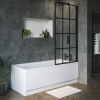 Rutland Single Ended Square Bath with Front Panel &amp; Black Grid Screen - Right Hand 1500 x 700