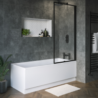Single Ended Shower Bath with Front Panel & Black Framed Bath Screen 1500 x 700mm - Rutland Single Ended Shower Bath with Front Panel & Black Framed Bath Screen 1500 x 700mm - Rutland