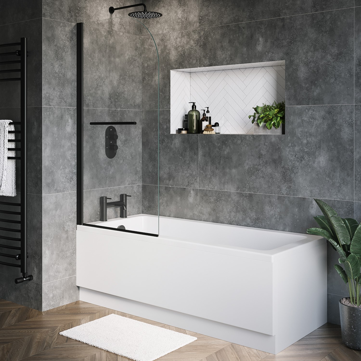 Rutland White Single Ended Shower Bath With Front Panel & Black Bath Screen With Towel Rail 1600 X 700Mm