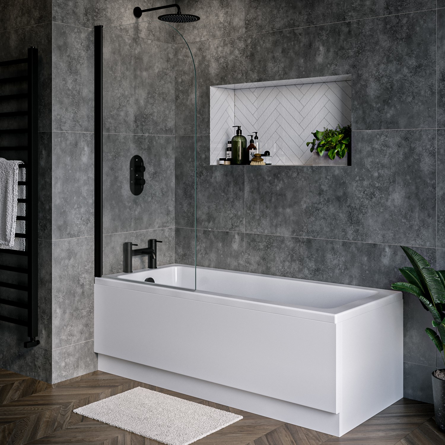 Rutland White Single Ended Shower Bath With Front Panel & Black Bath Screen 1600 X 700Mm