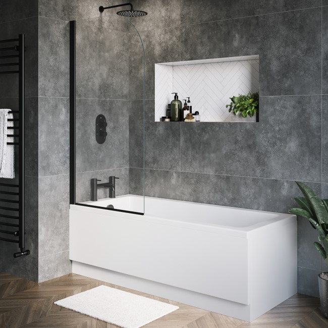 Single Ended Shower Bath with Front Panel & Black Bath Screen 1600 x 700mm - Rutland