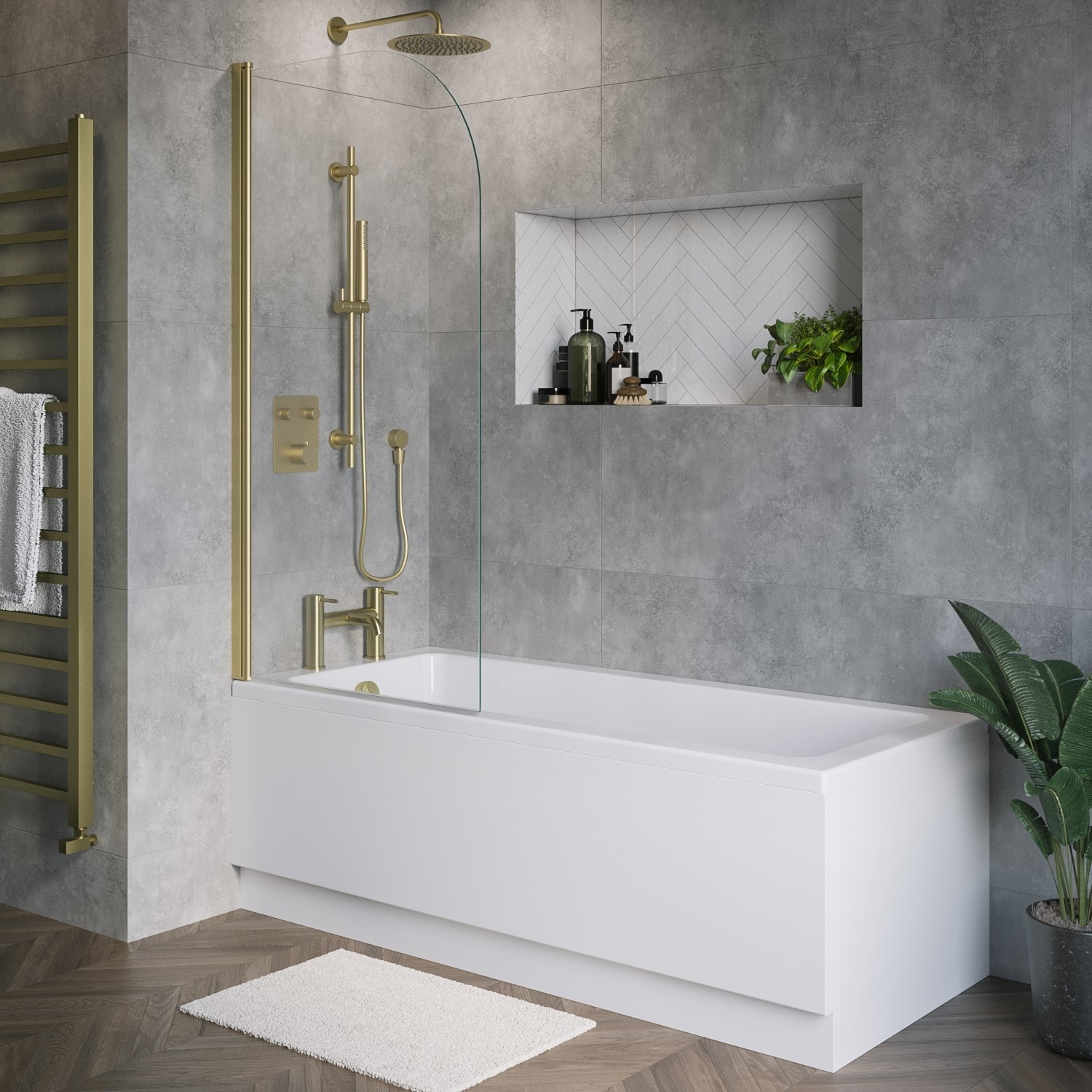 Rutland White Single Ended Shower Bath With Front Panel & Brushed Brass Screen 1600 X 700Mm