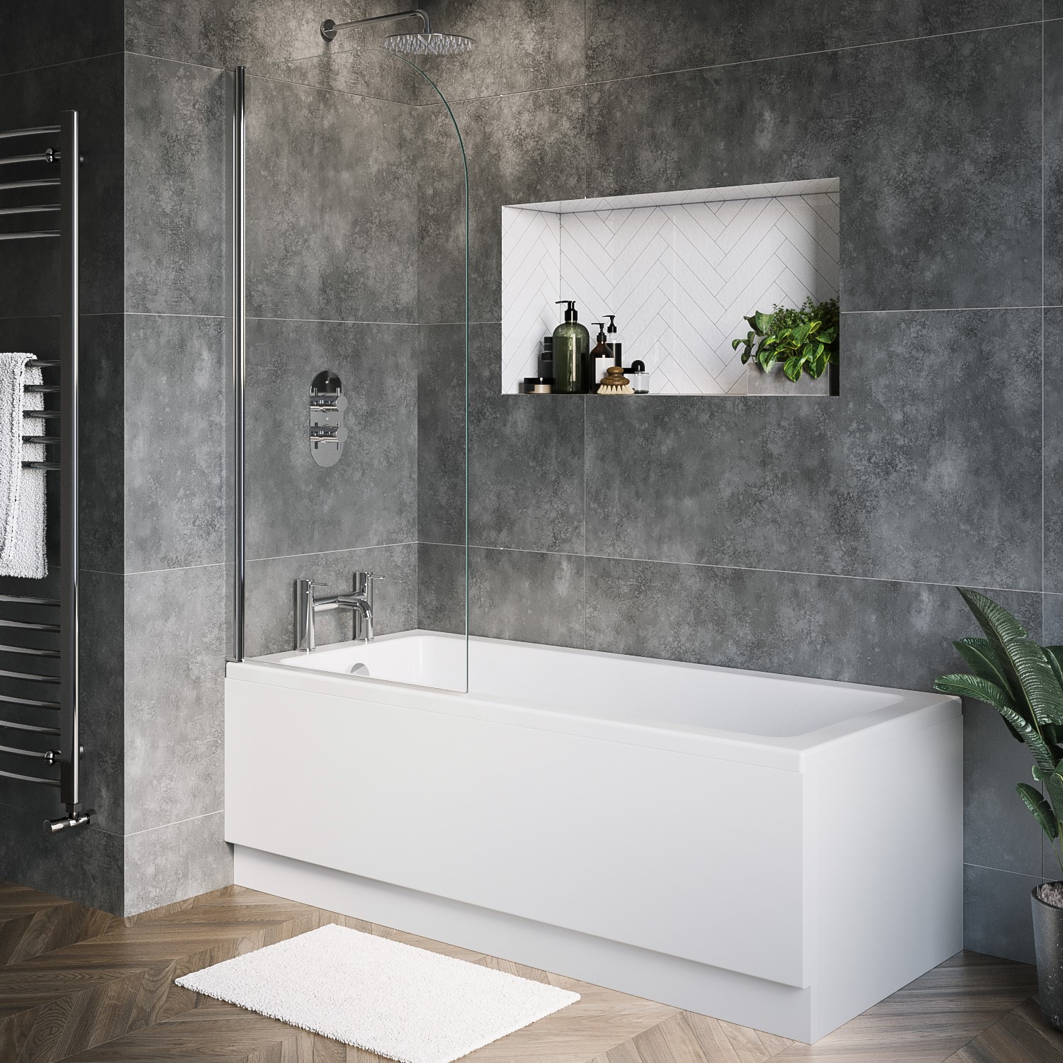 Rutland White Single Ended Shower Bath With Front Panel & Hinged Chrome Bath Screen 1700 X 700Mm