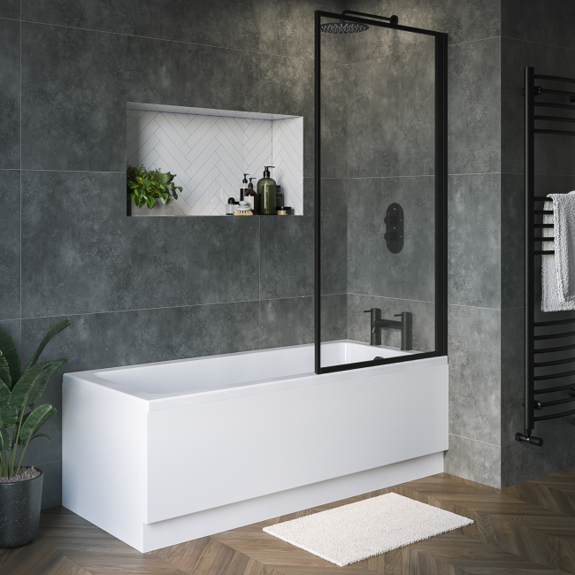 Single Ended Shower Bath with Front Panel & Black Framed Bath Screen 1700 x 700mm - Rutland