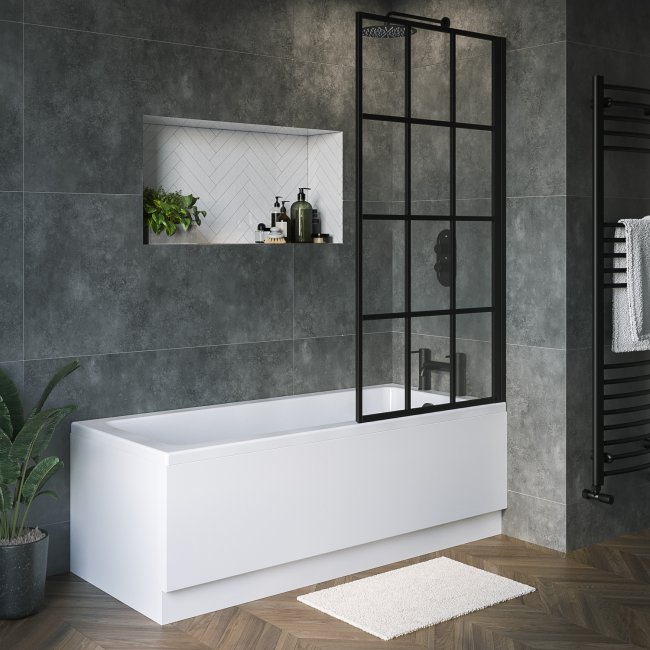 Rutland Single Ended Square Bath with Front Panel & Black Grid Screen - Right Hand 1700 x 700