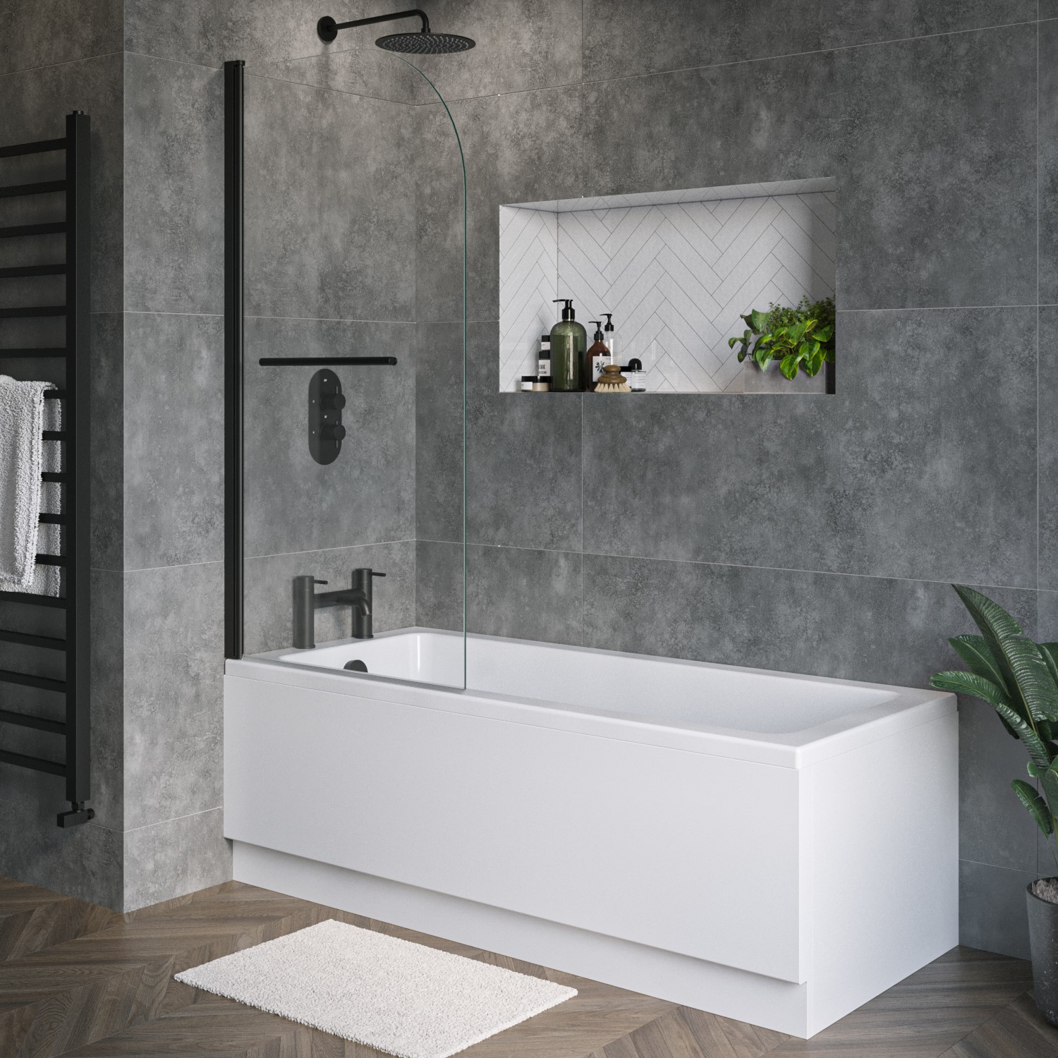 Rutland White Single Ended Shower Bath With Front Panel & Black Bath Screen With Towel Rail 1700 X 700Mm