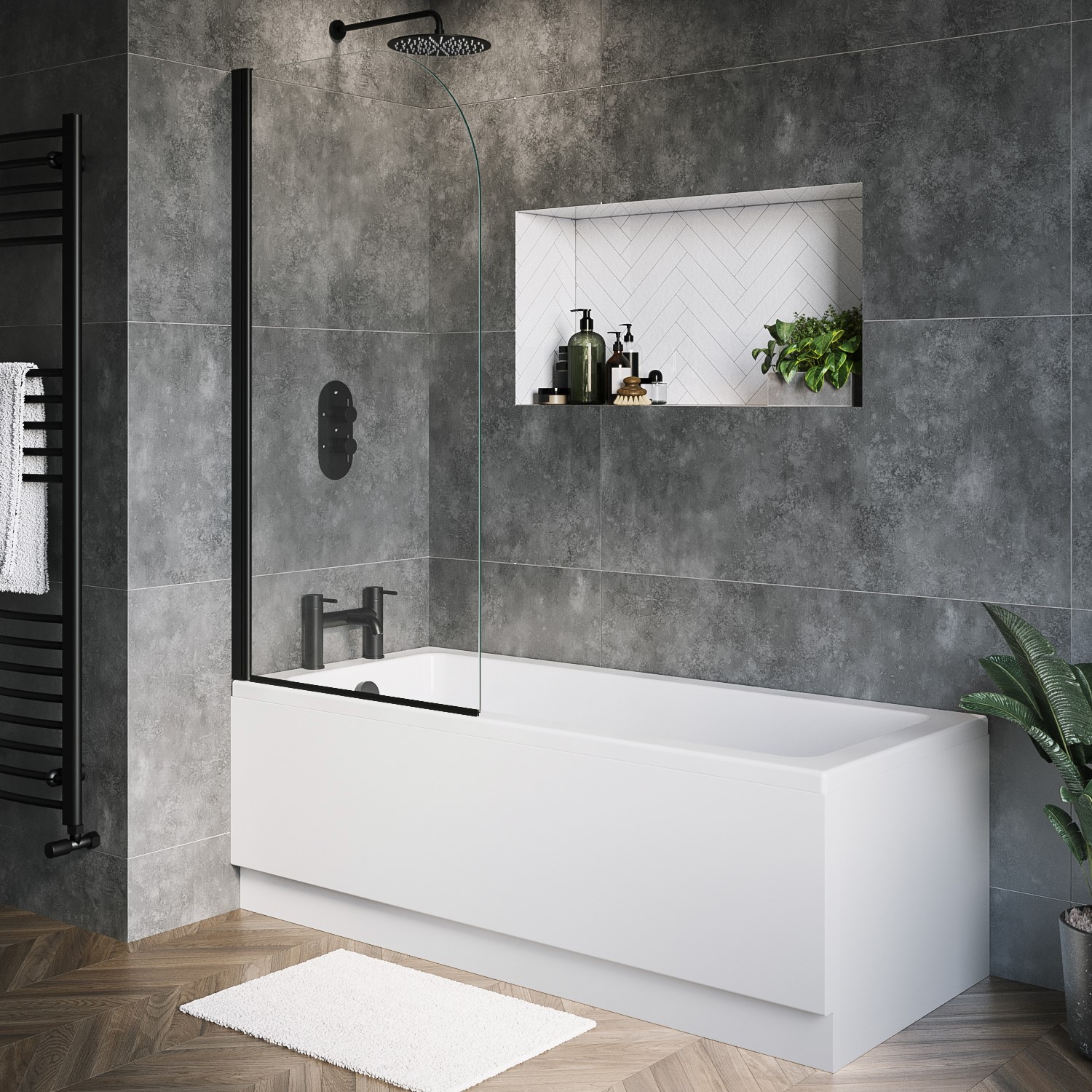 Rutland White Single Ended Shower Bath With Front Panel & Black Bath Screen 1700 X 700Mm