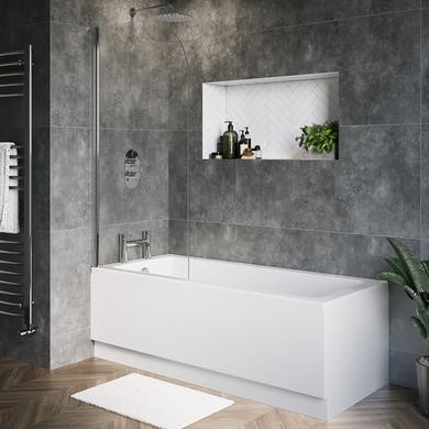 Shower Screen with MDF Front & End Panel Bathroom Bathtub Cesar 1800 x 800 Designer Straight Single Ended Bath 